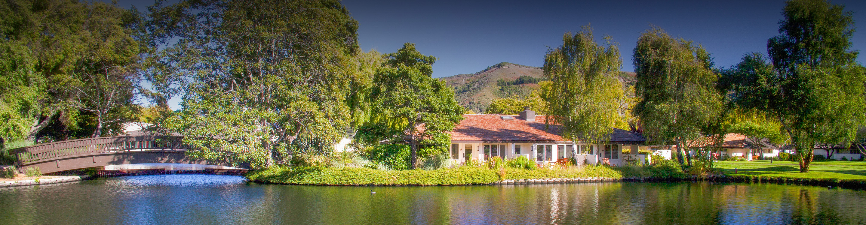 a body of water with trees and a building in the background