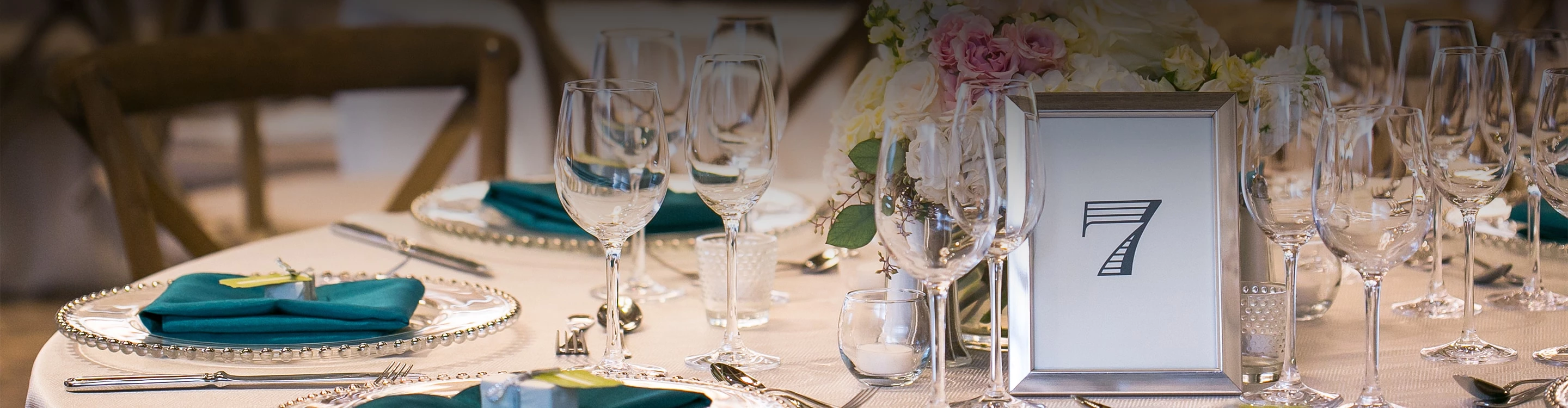 a table with glasses and plates